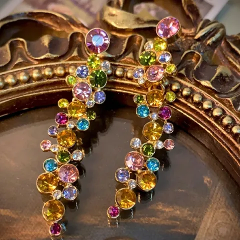 Colorful Rhinestone Wheat Ear Long Dangle Tassel Earrings With Silver Earring Post Vintage Alloy Jewelry For Women