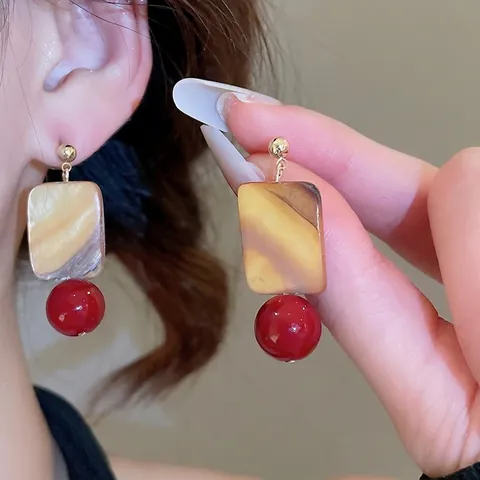Pendientes Colgantes Retro Con Poste De Plata De Ley 925 Resina Cuadrada Textura De Concha Cuenta De Vidrio Roja Mujer