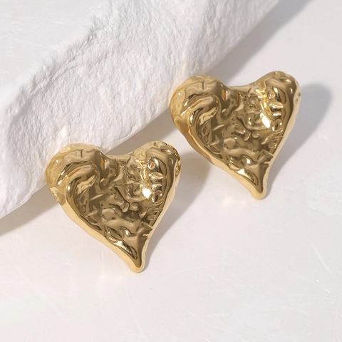 Hammered Heart Stud Earrings Stainless Steel 18K Gold Plated Textured Chic Jewelry For Women