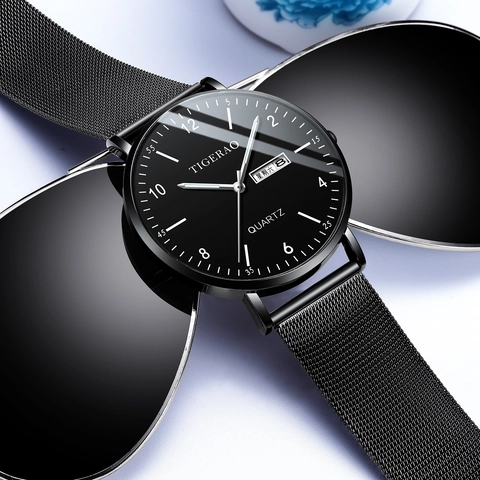 Herren Minimalistisch Quarzuhr Mesh Edelstahl Armband Wasserdicht Tag Datum Anzeige Mode Business Armbanduhr Für Herren