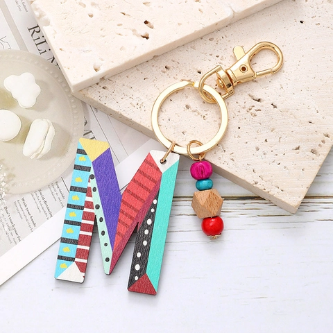 Colorful Wooden Bead 26 Letter Keychain Bohemian Geometric Pattern Wood Alphabet Bag Pendant For Women Holiday Style Keyring