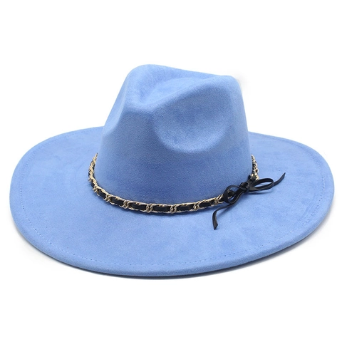Breitrandiger Fedora Hut Wildlederoptik Goldkette Lederbogen Vintage Jazzhut Elegant Mode Accessoire