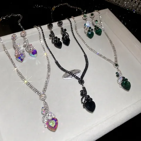 Joyería Collar Y Pendientes Corazón Cobre Estrás Poste De Plata Ley 925 Accesorio Moda Mujer Elegante