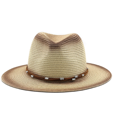 Gradiënt Strooien Fedora Hoed Retro Panama Jazz Pet Met Leren Touw Zilveren Metalen Kralen Zonbescherming Buiten Strand Voor Dames Heren