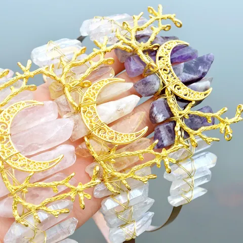 Handmade Raw Crystal Crown Headband With Golden Moon Tree Branch Bohemian Witchy Forest Hair Accessories