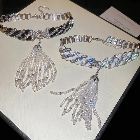 Collana Girocollo Cuban Link Con Zirconi Smalto E Pendente A Nappa Con Künstliche Perle D'Imitazione Elegante Stile Vintage