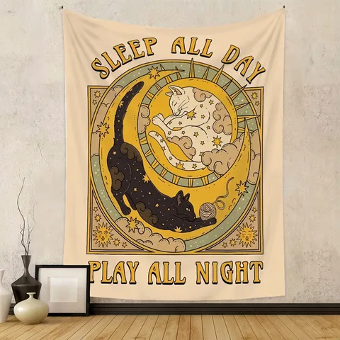 Tapisserie Murale Bohème Polyester Chat Tarot Céleste Lune Étoile Vintage Toile De Fond Décoration Pour Chambre