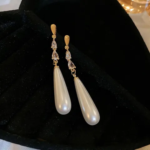 French Retro Waterdrop Artificial Pearl Dangle Earrings Copper Gold Plated With Zircon And 925 Sterling Silver Earring Post