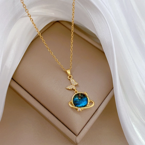 Dreamy Stainless Steel Starry Sky Planet Necklace For Women Elegant Butterfly Moon Heart Rhinestone Pendant Jewelry Gift