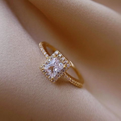 Square Zircon Halo Ring Copper Adjustable Open Band Elegant Minimalist Luxury Jewelry For Women
