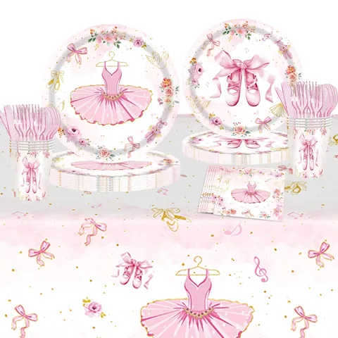 Ensemble Fournitures Fête Thème Ballet Rose Cygne Tutu Assiettes Papier Jetables Gobelets Serviettes Nappe Couverts Filles