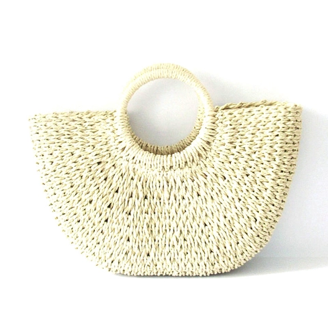 Semicircle Straw Woven Handbag Paper Rope Round Handle Shoulder Bag For Women Beach Vacation Casual Fashion Style