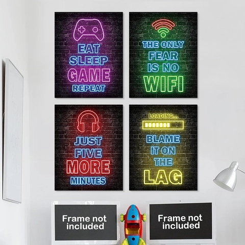 Gaming Wall Art Canvas Prints Cyberpunk Neon Style Controller Posters For Gamer Room Bedroom Decor Unframed
