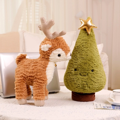 Cute Christmas Tree And Reindeer Plush Toy Soft Embossed Velvet Xmas Decoration Gift For Kids With Gold Star Bell