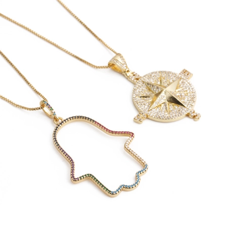 Hamsa Hand Compass Pendant Necklace Copper Zircon Hip Hop Jewelry For Men Women Gold Plated Box Chain Elegant