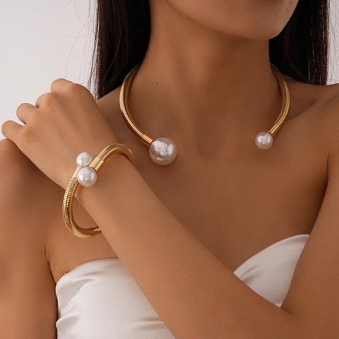 Minimalist Alloy Imitation Artificial Pearl Open Torque Choker And Bracelet Spiral Metal Geometric Jewelry For Women