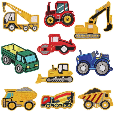 Écussons Brodés Véhicules De Chantier Polyester Dessin Animé Pelleteuse Bulldozer À Repasser Coudre Pour Décoration Vêtements Enfants