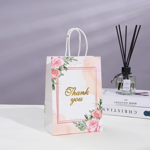 Floral Gift Paper Bags With Handles Gold Stamping Thank You Pattern For Wedding Party Birthday Elegant Packing