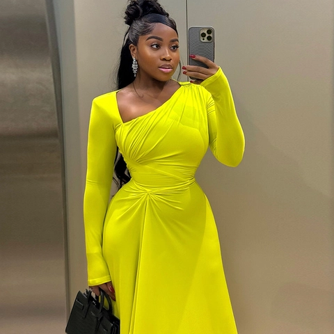 Women Ruched Long Sleeve Maxi Dress Asymmetric Slanting Neckline Irregular Bodycon Elegant Polyester Spandex Neon Yellow Black