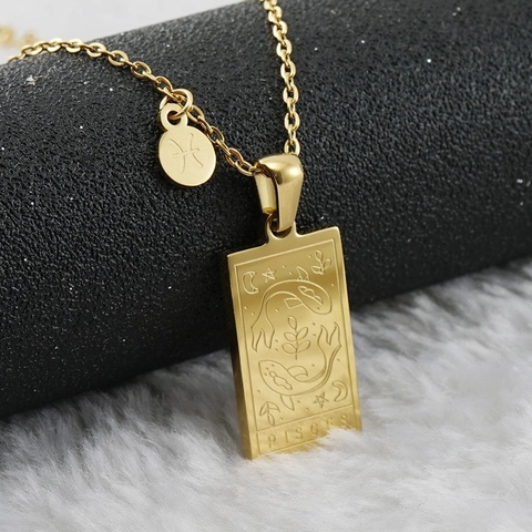 12 Zodiac Sign Necklace 18K Gold Plated Stainless Steel Rectangular Constellation Pendant Double Charm Jewelry For Women