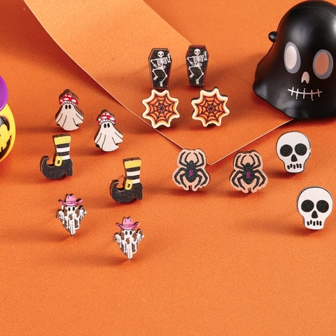 Halloween Ohrstecker Holz Material Geist Skelett Spinne Muster Horror Festlicher Schmuck Für Damen