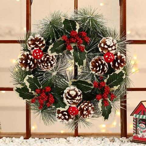 Christmas Wreath Pine Needles Natural Pine Cones Red Berries Burlap Bows Front Door Hanging Rustic Festive Home Decor