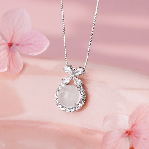 Collana con Ciondolo Rotondo in Argento Sterling S925 Agata Bianca Farfalla Catena di Clavicola Dolce Gioielli Donna