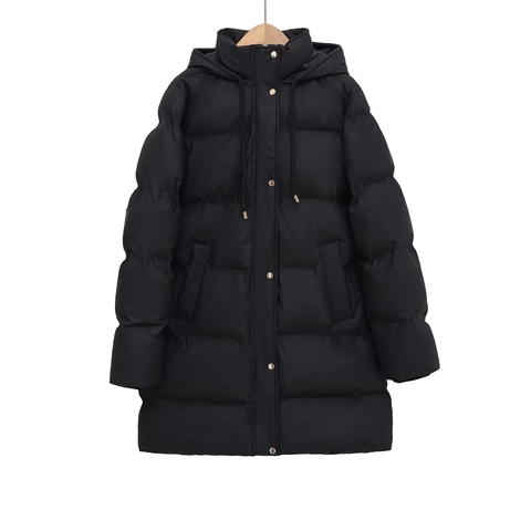 Women Puffer Jacket Polyester Quilted Hooded Thick Warm Winter Outdoor Casual Mid-Length Coat Windproof Outerwear