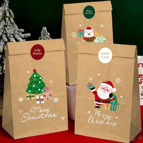 Christmas Gift Bags Kraft Paper Holiday Party Candy Treat Packaging With Stickers Cartoon Santa Tree Design