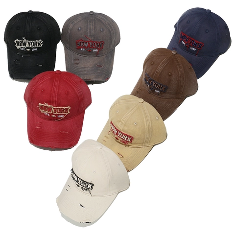 Casquette De Baseball Distressed Vintage Coton Lavé Rip New York Broderie Lettre Rétro Streetwear Chapeau Réglable Hommes Femmes