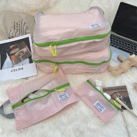 Borse Da Viaggio Impermeabile Nylon Griglia Organizer Pochette Per Vestiti Cosmetici Bagaglio Valigia Cerniera A Contrasto Portatile