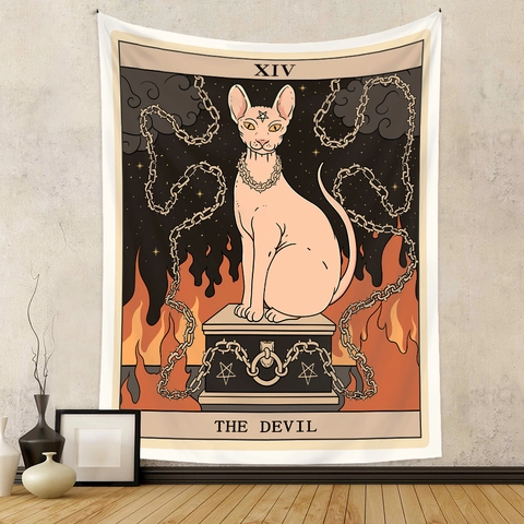 Tapisserie Tarot Chat Suspension Murale Polyester Rétro Bohème Illustration Mystique Pour Chambre Salon Décoration