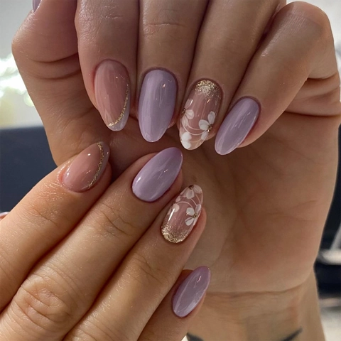 French Purple Pink Press On Nails White Flower Pattern Glitter Almond Shape Artificial Fake Nails For Women