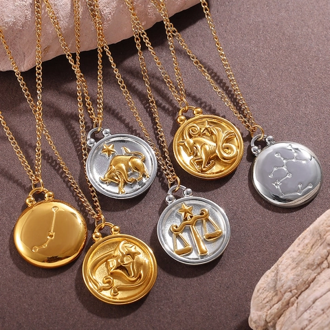 Collana Con Pendente Rotondo Rilievo Zodiaco Acciaio Inossidabile Placcato Oro Stile Francese Retro Gioielli Donna