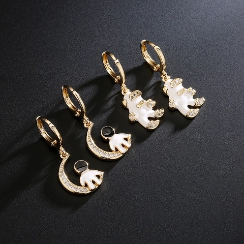Astronaut Mond Anhänger Creolen Kupfer 18K Vergoldet Zirkonia Emaille Kreativer Weltraum Thema Schmuck Für Frauen