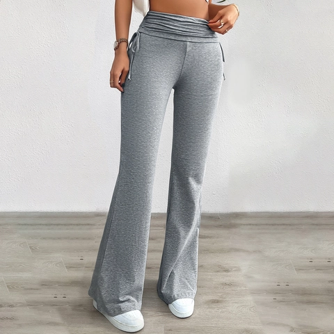 Women Flared Pants Viscose Ruched High Waist Drawstring Casual Yoga Trousers Slim Fit