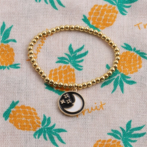 Golden Copper Bead Bracelet Women Star Moon Pendant Enamel Drip Oil Elastic Celestial Style Jewelry Elegant Trendy Accessory