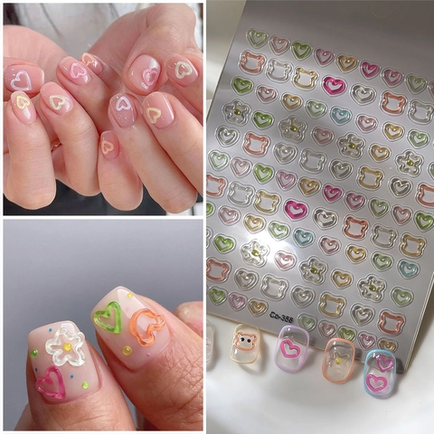 3D Embossed Nail Art Stickers Jelly Texture Cute Bear Heart Flower Design Macaron Colors Waterproof For DIY Manicure