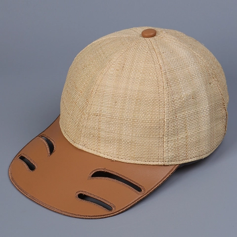 Berretto Da Baseball In Paglia Di Raffia Con Tesa In Pelle PU Traforata Patchwork Cappello Da Sole Traspirante Regolabile