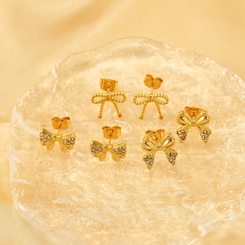 Stainless Steel Bow Heart Flower Stud Earrings With 18K Gold Plating And Zircon Accents For Women Fashion Trendy Jewelry