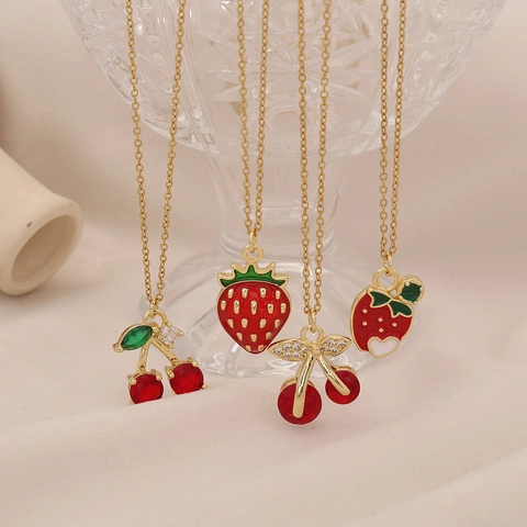 Collana Con Ciondolo Frutta Carina Rame Acciaio Inossidabile Ciliegia Rossa Fragola Pesca Gioielli Per Donne
