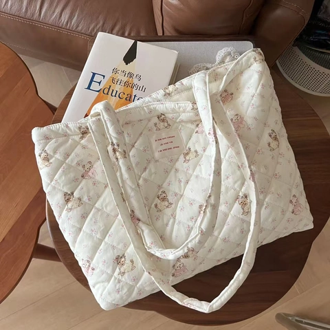 Quilted Cotton Tote Bag Floral Animal Print Large Capacity Canvas Lining Shoulder Handbag For Women Daily Use