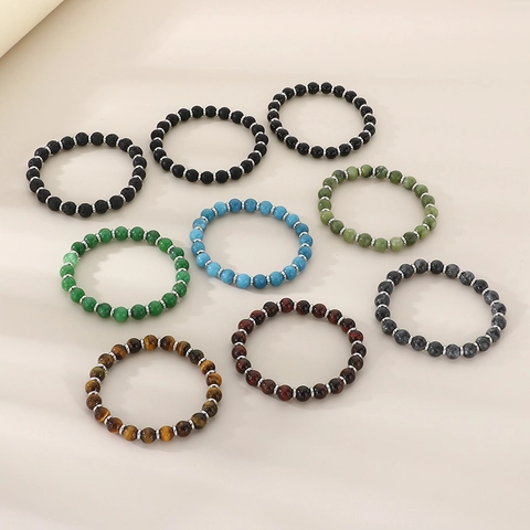 Natur Tigerauge Lavastein Perlenarmband Mit Metallabstandshaltern Elastisches Unisex Minimalistischer Schmuck