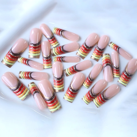 Long Square Press On Nails French Style Multi Color Gradient Stripe Gold Metal Line Nude Pink False Nails For Women