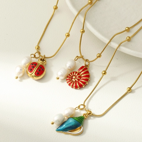 Edelstahl Süßwasserperle Meerschnecke Muschel Tier Anhänger Halskette Für Damen Elegante Ozean Schlangenknochenkette Schmuck