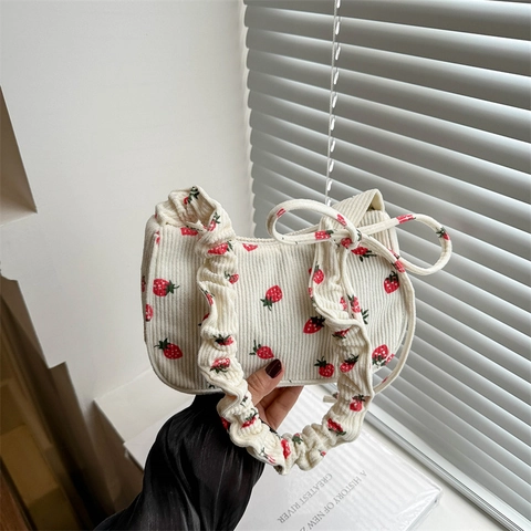 Aardbei Print Corduroy Okseltas Voor Dames Ruches Band Met Strik Decor Kawaii Zoete Esthetische Schouder Handtas