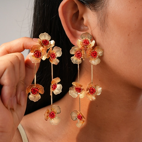 Orecchini Floreali Con Perni Argento Lunghe Nappe Petali Maglia Metallica Cava Nucleo Fiori Gioielli Eleganti Festa Per Donne