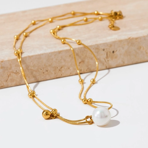 Minimalist Double Layer Stainless Steel Pendant Necklace With Artificial Pearl Gold Silver Bead Chain Fashion Jewelry For Women