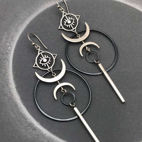 Boucles Oreilles Pendantes Géométriques Alliage Mystique Œil Maléfique Croissant Lune Créole Longue Barre Style Bohème