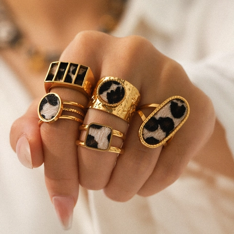 Geometrische Leopard Print Offene Ringe Kollektion Edelstahl Gold Vergoldet Vintage Luxus Finger Schmuck Damen